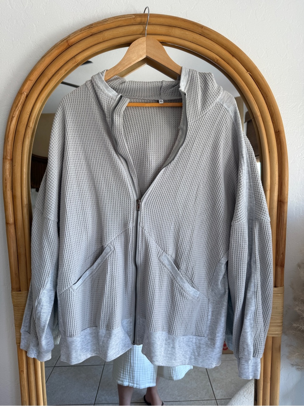 Light Gray Waffle-Knit Bomber Hoodie Jacket